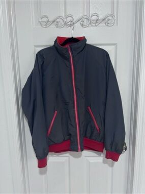 Crew Dark Gray Bomber Jacket with Red/Orange Trim. Sherpa Lining Size XL